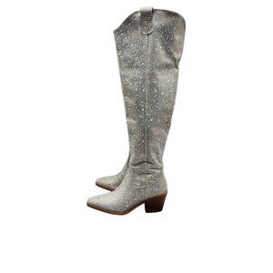 Rhinestone Embellished Silver Western Style Knee-High Boots Block Heel Size 6